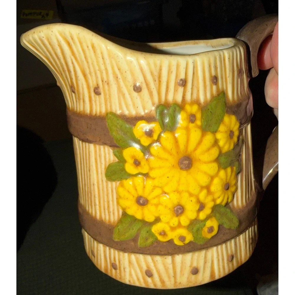 Sunflower Ceramic Pitcher Vintage‎ Farmhouse Barrel